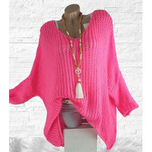 Grof gebreide oversized pullover van acryl kleur neon roze maat 46 48 50 52