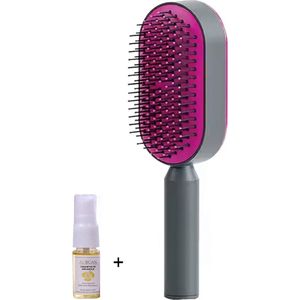 Aurgan 3D Haarborstel - Zelfreinigend met Eén Knop - Roze - zachte kussen - Comfortabele haarborstel - antiklit - inclusief 10ml Aurgan haarolie