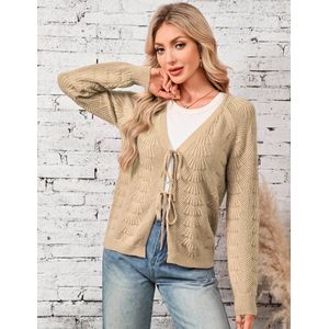 Dames Vest Met Strik Aan De Voorkant, Cropped Gebreide Trui, Elegante Gebreide Vest Met Lange Mouwen, Casual Gebreide Top Abrikoos S