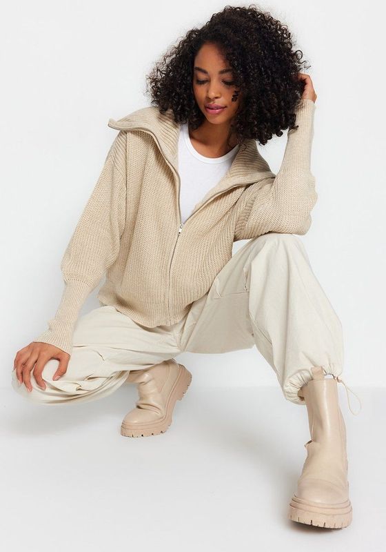 Trendyol - Twoaw24Hi00072 - Cardigan - Breiwerk - Stone Wide Pattern - Ritssluiting