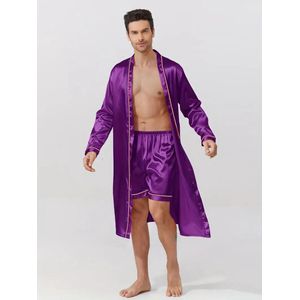 ochtendjas badjas paars pyjama satijn heren nachtkleding goedkoop huispak comfort mannen glans elastisch lange mouwen korte broek