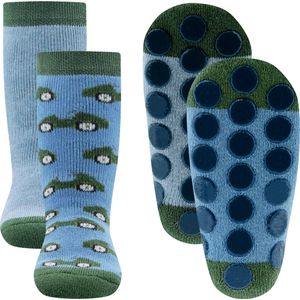 Ewers Antislipsok - 2-Pack - Groene Raceauto's & Lichtblauw Effen - Blauw & Groen - Antislipnopjes - maat 17/18