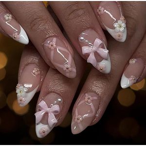 24 stuks middelgrote amandelvormige nagels - Franse nagels om te lijmen - roze nepnagels met 3D-bloemstrikjes - nepnageltips en kunstnagels