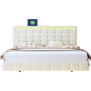 Merax Gestoffeerd Queensize Tweepersoonsbed 160x200 cm - Zwevend Bedframe met LED-Verlichting en Hoofdbord - Beige