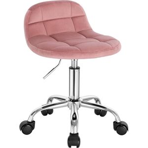 Bureaukruk met wieltjes, make-uptafelstoel, in hoogte verstelbaar, rolrok met lage rugleuning, werkkruk, zithoogte 43,5-55 cm, fluweel, roze