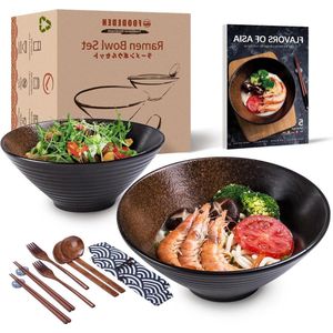 Ramen Bowl Japanse keramische noedelkom Set van 2 - 1500 ml (met lepels en eetstokjes) voor soep ontbijtgranen pasta Pho Udon mengsalade en snack - thuisverwarmend cadeau