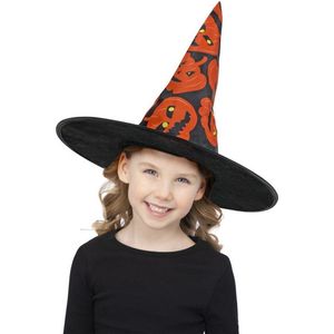 Smiffy's - Heks & Spider Lady & Voodoo & Duistere Religie Kostuum - Hoge Pompoen Heks Muts Kind - Oranje, Zwart - Halloween - Verkleedkleding