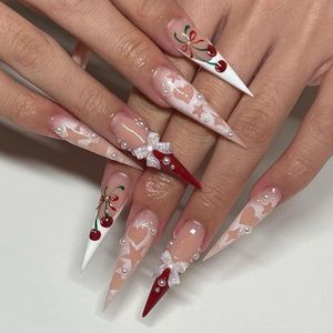 24 stuks lange stiletto press-on nagels - Kersenboog en amandel design - Glanzend - Volledige dekkende plaknagels voor mooie handen