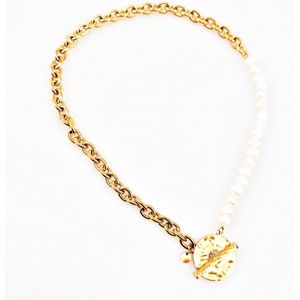 Stalen Dames Ketting - 18 Zoetwaterparels - Gold Plated
