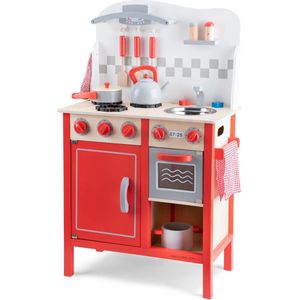 New Classic Toys Houten Speelkeuken - DeLuxe - Rood - Komt met alle Accessoires - Aanrechthoogte is 56 centimeter