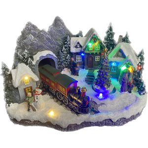 Kersthuisjebestellen - Kersthuisje met verlichting - Bergdorp met bewegende Trein en ronddraaiende Kerstboom - Ledverlichting - Beweging - Muziek - incl. Adapter - B=32cm - H=19cm - Kersthuisjes & Kerstdorpen