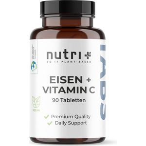nutri+ IJzer + vitamine C tabletten - 50 mg ijzer + 40 mg vitamine C per tablet - duaal complex van ijzer en natuurlijke vitamine C uit acerola - 90 tabletten