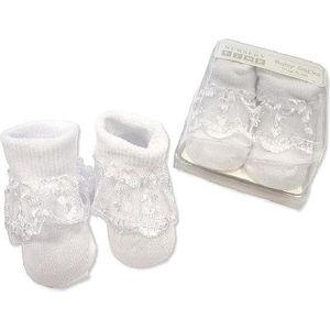 NURSERY TIME - GIFT BOX BABY Bootee Sokjes met kant WIT 0-1 maand (maat 56)