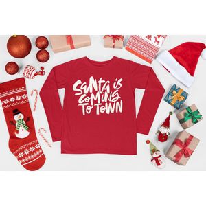 KerstKleding / Christmas T-Shirt | kerst cadeau | Santa is Town | Unisex | Rood | Kind 3-4 jaar | Maat 104