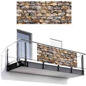 Balkonscherm 300x120 cm - Balkonposter Stenen - Beige - Grijs - Planten - Balkon scherm decoratie - Balkonschermen - Balkondoek zonnescherm