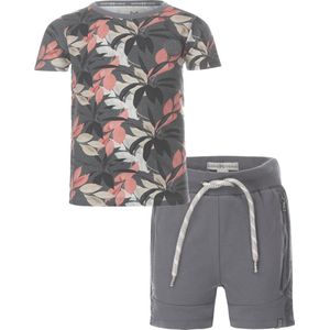 Koko Noko - Kledingset - 2delig - Jongens - Short Sweat Jog grijs - Shirt grijs met print - Maat 80