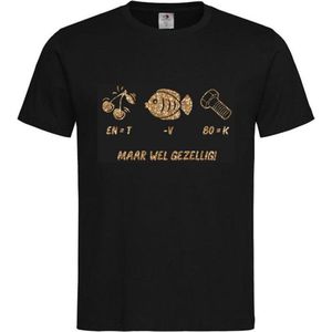 T-shirt Unisex Volwassenen Kerst Kerstmis Man Vrouw Grappig Tekst Rebus ""Kerst is KUT maar wel gezellig!!"" Op Voorkant | korte mouw | Zwart/Goud GLITTER | maat S