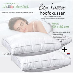 Droomtextiel Box Hoofdkussen 50x60 cm - 2 Stuks - Medium/Stevig - Percale katoen Tijk - Anti Allergie