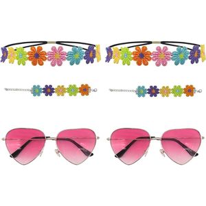 Pack of 6 Hippie Accessories for Women 70s Fancy Dress Including Heart Sunglasses Flower Headbands Daisy Bracelet