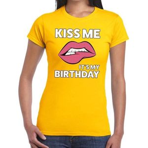Kiss me it is my birthday t-shirt geel dames - feest shirts dames XL