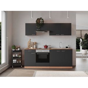 Goedkope keuken 210  cm - complete keuken met apparatuur Gerda  - Beuken/Grijs  - elektrische kookplaat  - afzuigkap - oven  - spoelbak
