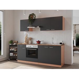 Goedkope keuken 210  cm - complete keuken met apparatuur Gerda  - Beuken/Grijs  - elektrische kookplaat  - afzuigkap - oven  - spoelbak