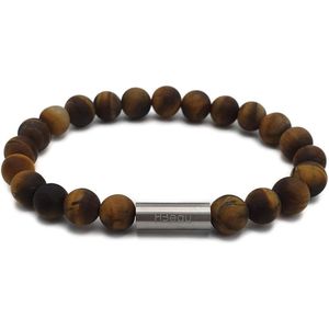 H-Beau - Handgemaakte Armband van Edelstenen - Natuurstenen - Gouden Tijgeroog Kralen - RVS Kraal - 8mm - lengte 19cm - Bruin - Oker - Mat - Heren - Uniseks - Sterrenbeeld - Horoscoop - Leeuw - Tweeling