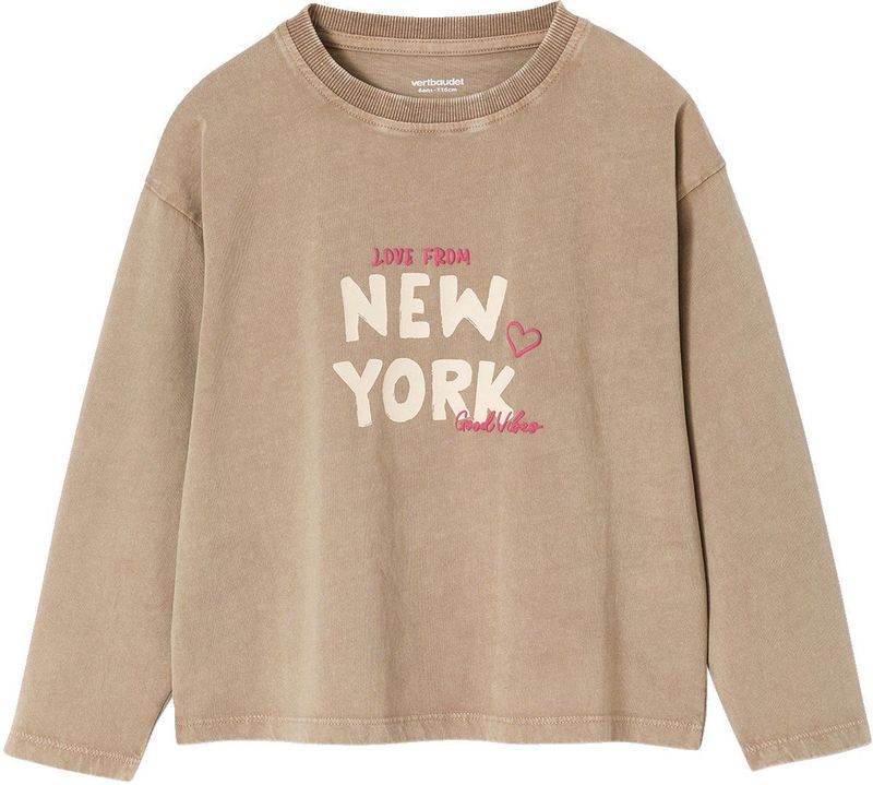 T-shirt - Zandbeige - New York - Lange Mouwen - Meisjes