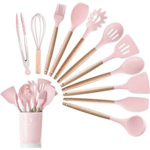 Set van 12 keukengerei, siliconen, anti-aanbaklaag, hittebestendig kookgerei, keukenhulp, set met houten handvat, roze