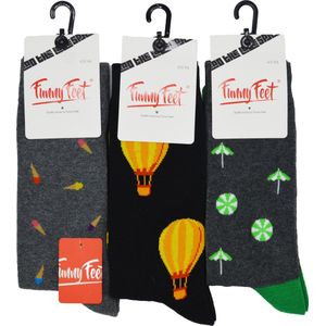 Funny Feet sokken - happy voyage socks - 3 paar - heren maat 39/42 - assortiment zwart & grijs - naadloos aan de teen - hoogwaardige katoen