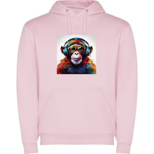 Zacht Roze unisex hoodie met “ Kleurrijke Chimpansee met Bril en Koptelefoon“ Print Full merk Roly maat 116 5/6 jaar