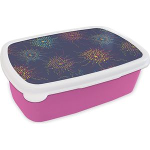 Broodtrommel Roze - Lunchbox - Brooddoos - Vuurwerk - Digitaal - Patronen - 18x12x6 cm - Kinderen - Meisje