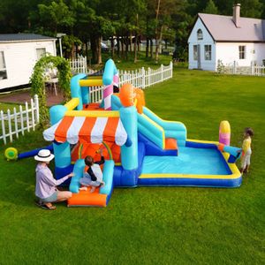 Kinderspringkasteel, multifunctioneel buitenwaterpark + trampoline, waterglijbaan, kleine glijbaan, fontein, waterpistolen, winkelluifel, inclusief 450W blower[Met Blower]