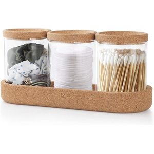Set van 3 glazen opbergcontainers voor cosmetica met kurken deksel - Wattenschijfjes en wattenstaafjes organizer