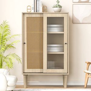 SINGULARITY Dressoir - 100cm hoog - Houten kleur - Met kunststof rotan deuren - Schuifdeuren - 6 vakken achter de deuren.