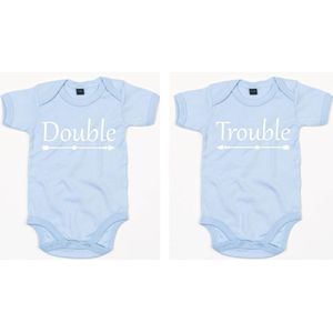Baby Romper set Double Trouble 3-6 maand - Blauw - Rompertjes baby met tekst - Rompertjes voor tweeling