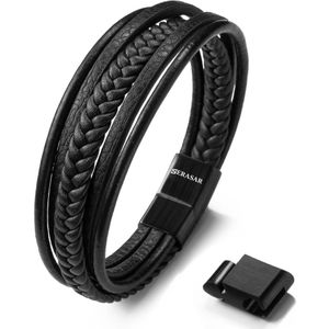 SERASAR - Armband Heren - Zwart - RVS en Leer - 19cm + 2cm Verlengstuk