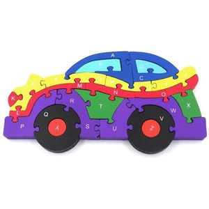 Houten montessori puzzel - Auto- letters alfabet - 26 stukjes - Legpuzzel educatief - vanaf 3 jaar - Educatief Sensorisch Montessori Speelgoed | Peuters Kleuters | Snoezelen | Sensorische stimulatie | |Houten puzzel