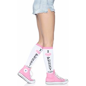 Leg Avenue - Pussycat Kniehoge sokken - Wit/Roze