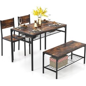 SureDeal® - Eettafel Set - Keukentafel - Twee stoelen - Bankje - Met opbergruimte - Eettafel - 4 Personen - 110x65x76 cm - Tafel - Woonkamer - Eetkamer - Balkon - Bruin