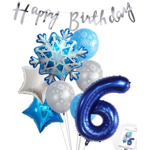 Cijferballon 6 Blauw - Frozen - Ijssterren - Ballonnen Pluspakket - Slinger Feestvieren - Verjaardag Snoes