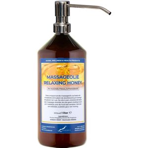 Massageolie Relaxing Honey 1 liter met zilveren pomp - amber fles - 100% natuurlijk - biologisch en koud geperst