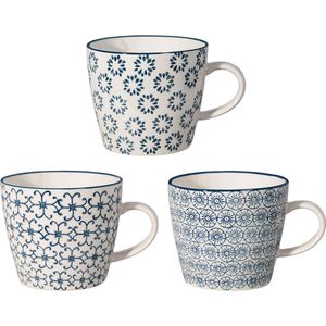 Mokken met handvat Kristina Retro Koffiemok Theekop Vintage dikwandige 9,5 x H 8 cm, blauw, keramiek, set van 3, inhoud ca. 280 ml