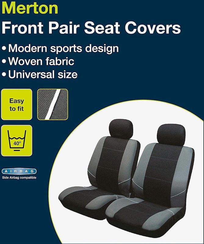 'Merton' zwart/grijze bekleding voor voorstoelen en hoofdsteunen SS3633 - complete set universele bekleding met elastische zoom, geschikt voor zij-airbag en in de machine te wassen