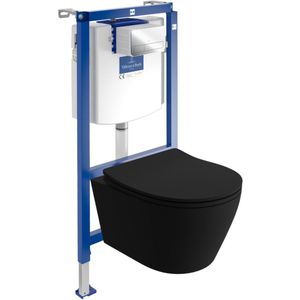 Villeroy&Boch Inbouwreservoir Complete Toiletset ViConnect H112 - Inbouw WC Hangtoilet Wandcloset PRAIA BLACK - Bedieningsplaat Chroom - Voorwandelement voor toilet - Installatiesysteem
