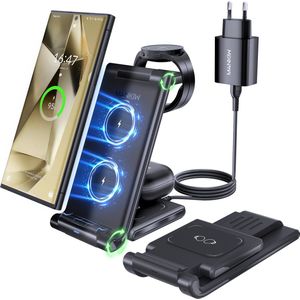 3-in-1 draadloze oplader voor Samsung S25-S20, Z Fold 5/4/3-opvouwbaar oplaadstation voor Samsung en Galaxy Watch, Buds