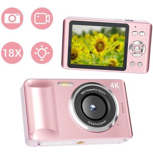 4K Digitale Camera - 64MP Autofocus - 18X Zoom - Vlogcamera - met Flitser - 2,8-Inch Scherm - Draagbare Camera voor Kinderen - 1200MAH-Batterij - Type-C-Interface - Roségoud
