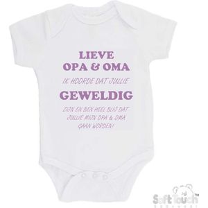 100% katoenen Romper ""Lieve opa & oma ik hoorde dat jullie geweldig zijn en ben heel blij dat jullie mijn opa & oma gaan worden!"" Meisjes Katoen Wit/lila Maat 62/68