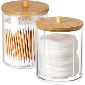 Crrynuo - 2-Pack Cotton Swab Holder - Cotton Swab Holder - Cotton Swab Storage Box - Cotton Swab Container with Wooden Lid - Cotton Swab Dispenser - Suitable for Living Room- Bedroom- Bathroom