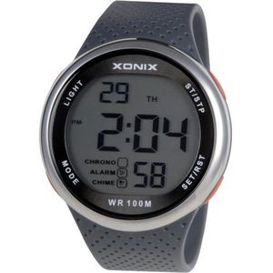 Xonix GJ-004 - Horloge - Digitaal - Heren - Mannen - Rond - Siliconen band - ABS - Cijfers - Achtergrondverlichting - Alarm - Start-Stop - Chronograaf - Tweede tijdzone - Waterdicht - 10 ATM - Grijs - Zilverkleurig - Oranje